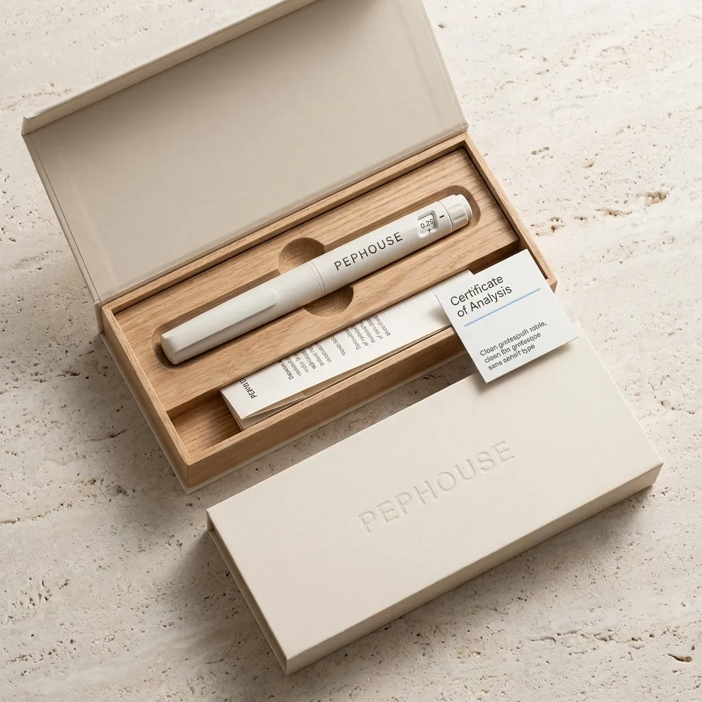 Flatlay of a PEPHOUSE pen, box and Certificate of Analysis
