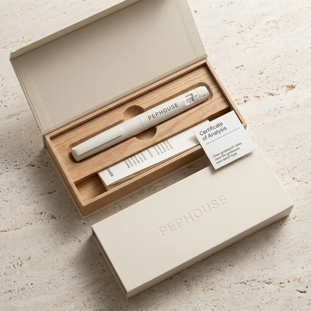 A PEPHOUSE pen, box and Certificate of Analysis arranged on warm stone