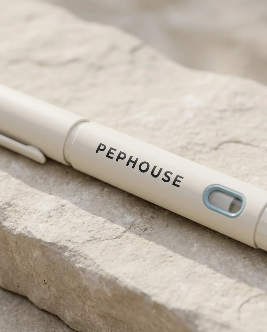 Close detail of a PEPHOUSE pen resting on pale stone