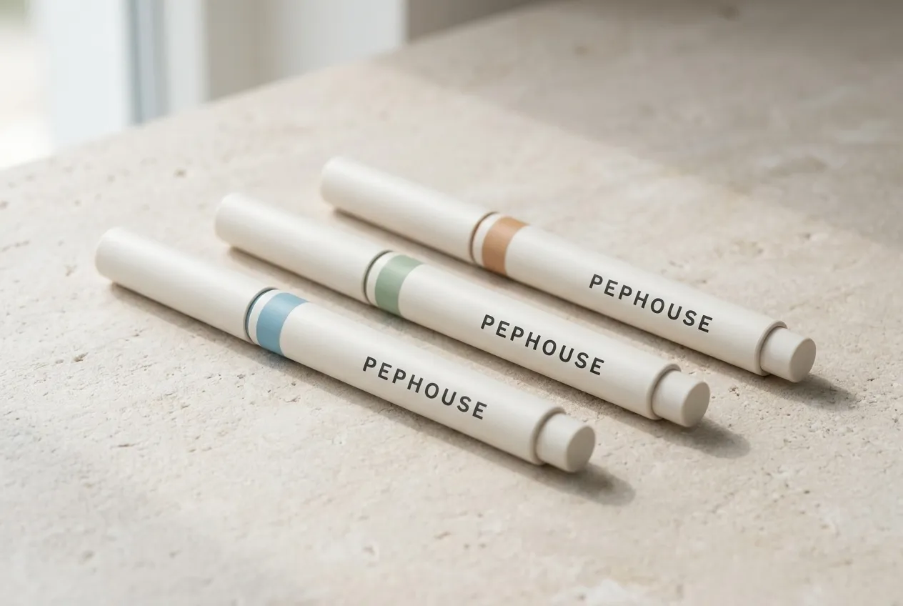 PEPHOUSE pens arranged on a pale stone plinth